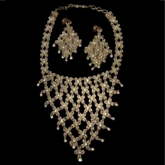 Filigree & Rhinestone Vintage Cascading Necklace with Clip-on Matching Earrings - Picture 1 of 9